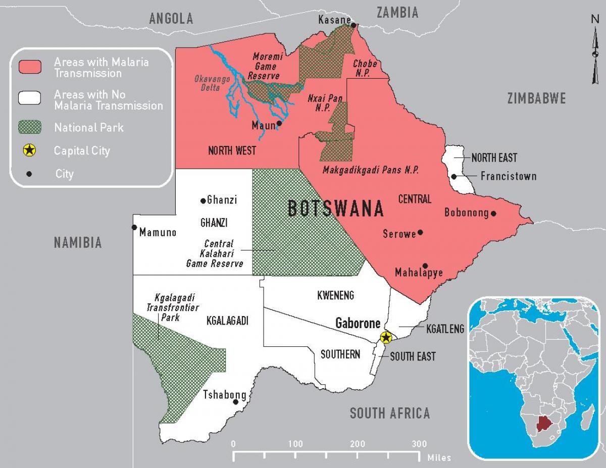 mapa Botswana malaria