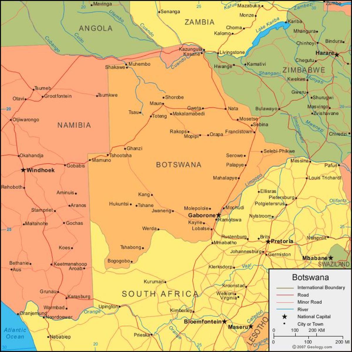 mapa Botswana guztiak erakusten herrietan